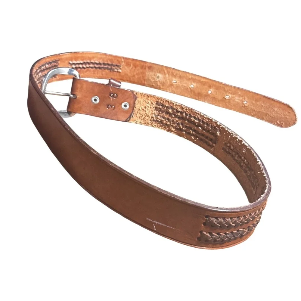 Hand Tooled Vintage Belt Mens 38 Tan Woven Inlay Made in Mexico Thick Leather